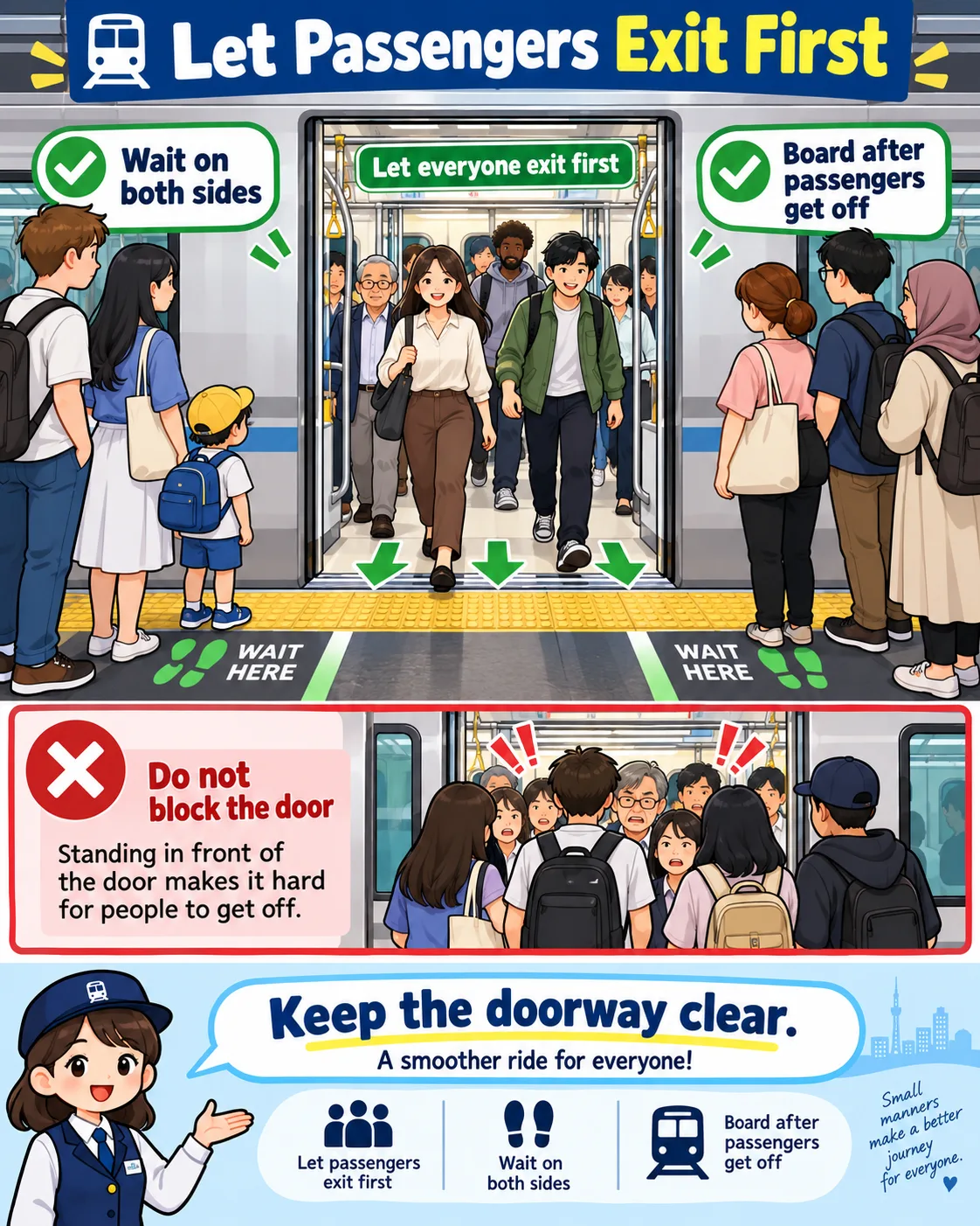 イラスト:地下鉄のドアの前で、乗客が両脇で待ち、降りる人がみな降りてから乗車する様子。ドアの前をふさがないでください。出入口を空けておきましょう。