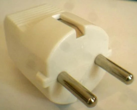 Type F plug (Schuko) with two round pins and earth clips