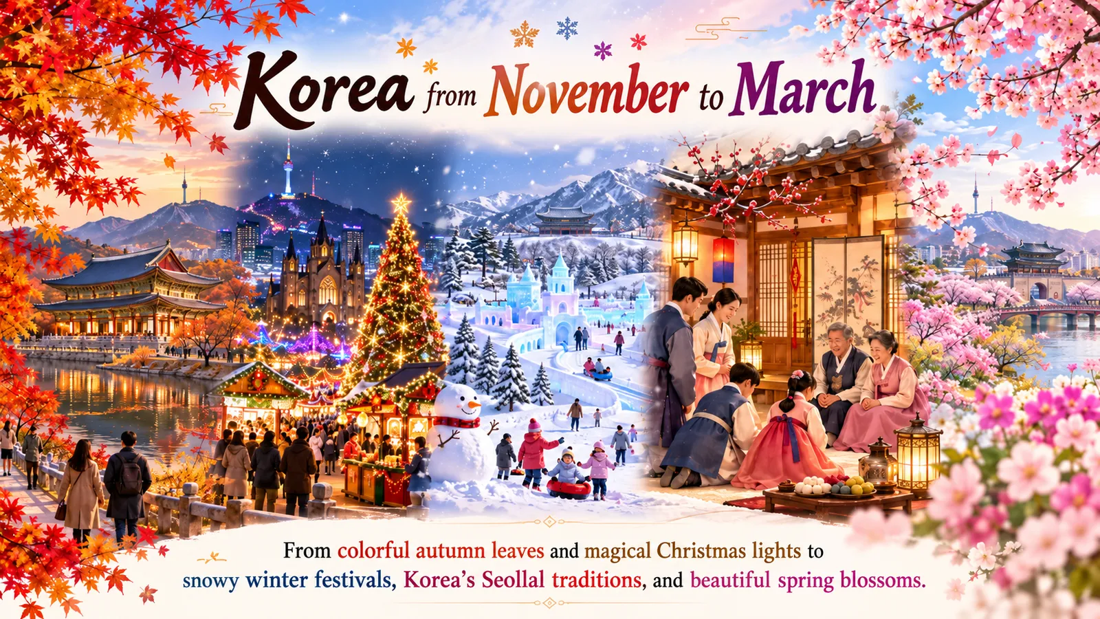 Illustration made with AI: Korea from November to March, with autumn leaves, Christmas lights, snow, a Seollal family scene and spring blossoms.