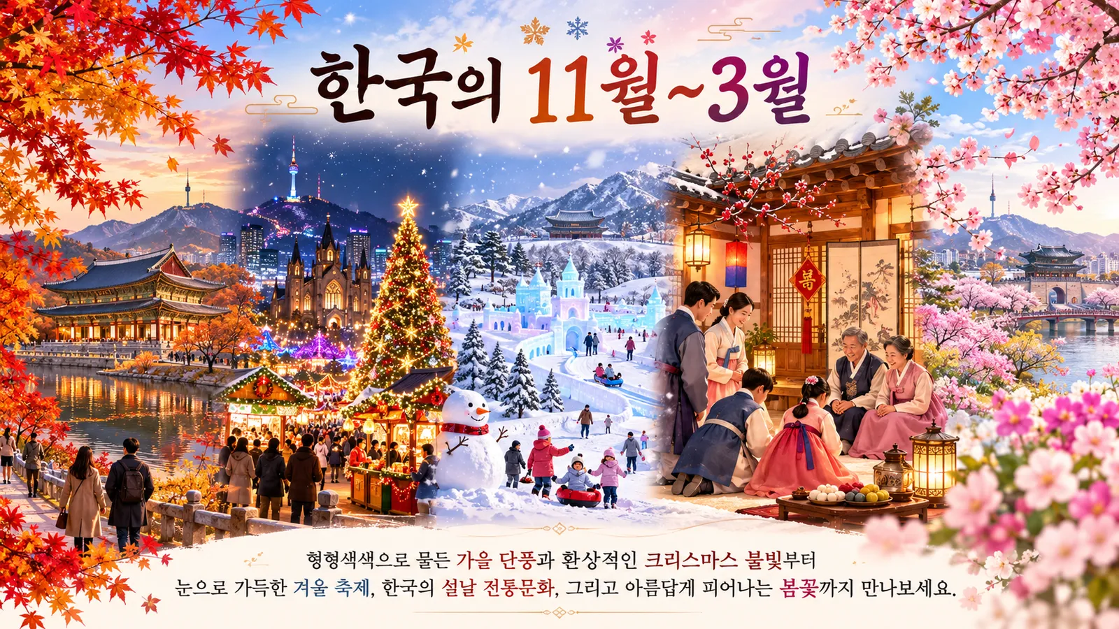 AI로 만든 일러스트: 11월부터 3월까지의 한국. 단풍, 크리스마스 불빛, 눈, 설날 가족 장면, 봄꽃이 담겨 있습니다.